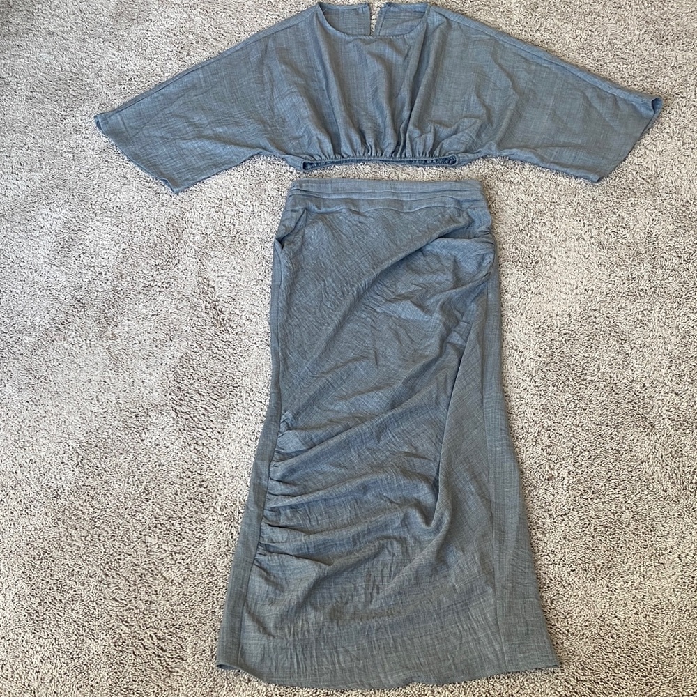 Two-Piece Slate Blue Linen Set - Crop Top & Maxi Skirt